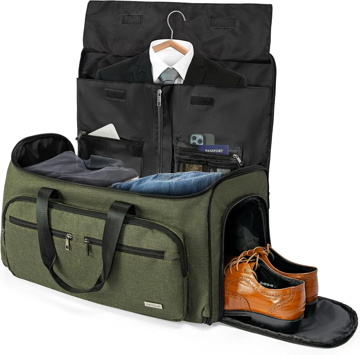 AKOZLIN Convertible Garment Bag Carry on 3 in 1 Garment Duffle Bag 51L Hanging Suit Travel Bag Dress Shoes Carrier Storage Bag For Men Women Green