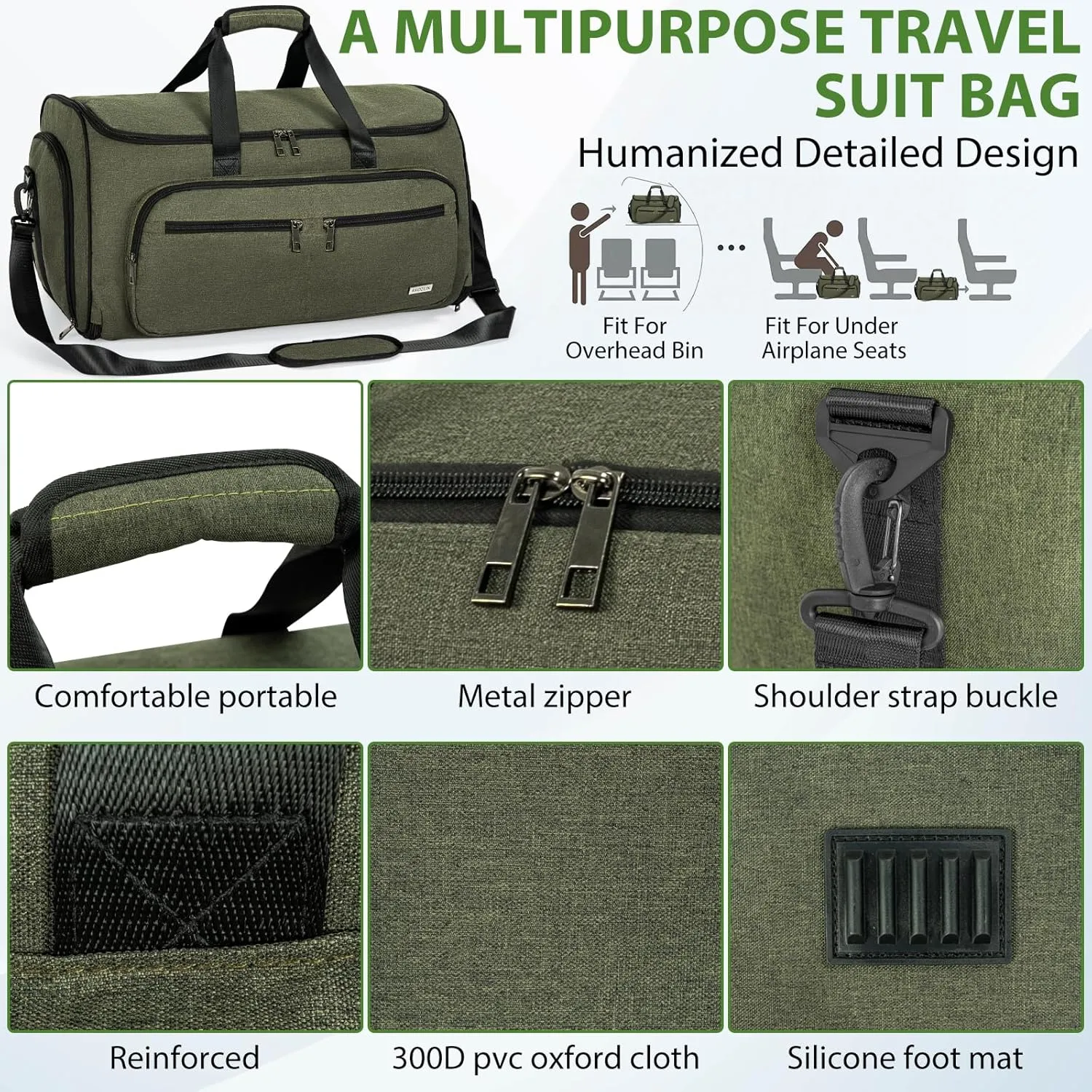 AKOZLIN Convertible Garment Bag Carry on 3 in 1 Garment Duffle Bag 51L Hanging Suit Travel Bag Dress Shoes Carrier Storage Bag For Men Women Green