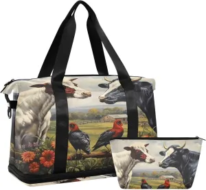 ALAZA Cows and Birds Flowers in A Farm Gym Bag Sports Duffel Bag with Shoes Compartment, Overnight Weekender Travel Tote Bag for Women Men Trip College