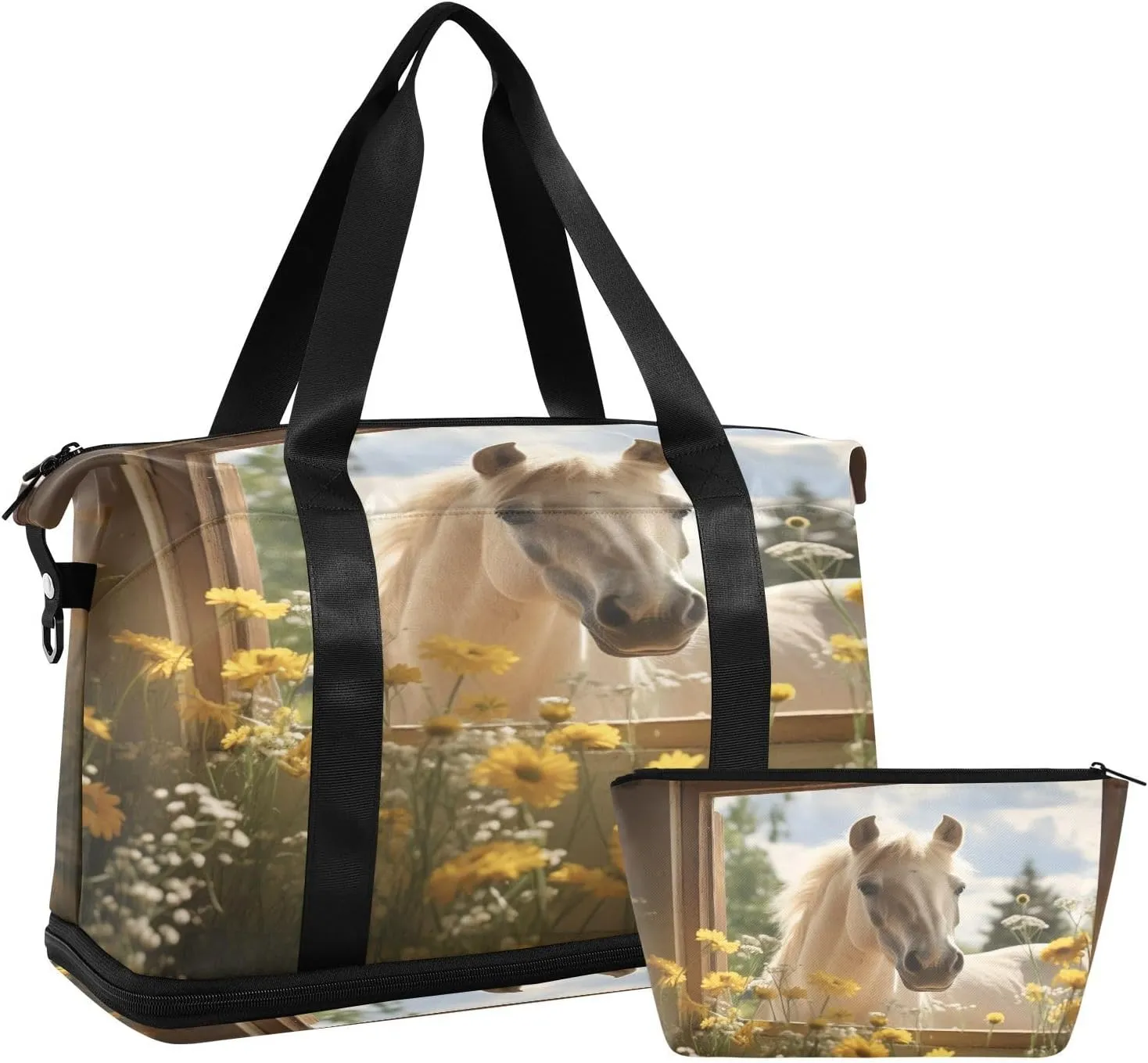 ALAZA Horse in The Farm Window and Chamomile Flowers Gym Bag Sports Duffel Bag with Shoes Compartment, Overnight Weekender Travel Tote Bag for Women Men Trip College