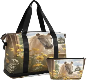 ALAZA Horse in The Farm Window and Chamomile Flowers Gym Bag Sports Duffel Bag with Shoes Compartment, Overnight Weekender Travel Tote Bag for Women Men Trip College