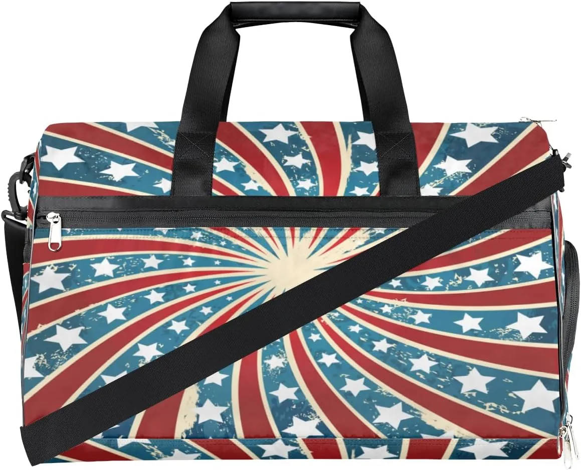 American Flag Stars Pattern Sports Gym Bag for Women Men Travel Duffel Bag with Wet Pocket & Shoes Compartment Waterproof Weekender Overnight Tote Carry on Bag Lightweight