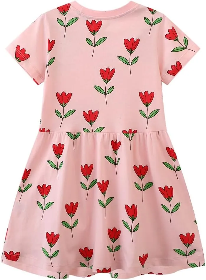 AMIYAN Toddler Girls Cotton Dress Short Sleeve Summer Sundress Casual Cartoon Print Dresses for Girls 2-6 Years