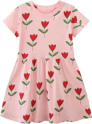 AMIYAN Toddler Girls Cotton Dress Short Sleeve Summer Sundress Casual Cartoon Print Dresses for Girls 2-6 Years