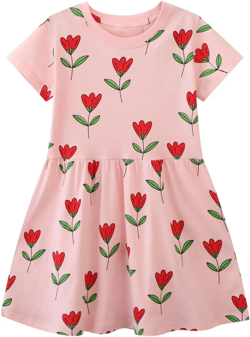 AMIYAN Toddler Girls Cotton Dress Short Sleeve Summer Sundress Casual Cartoon Print Dresses for Girls 2-6 Years