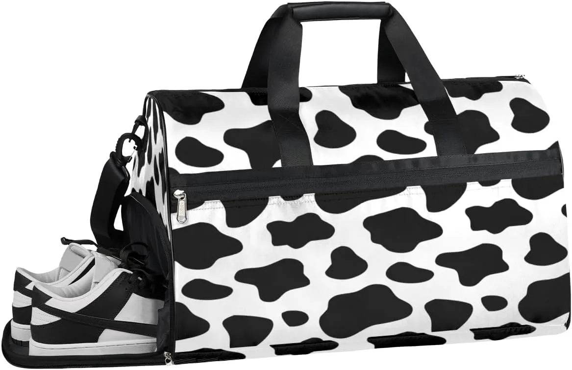 Animal Cow Print Sports Gym Bag for Women and Men Travel Duffel Bag Black White Overnight Shoulder Bag Waterproof Workout Bag Portable Sports Tote with Shoes Compartment