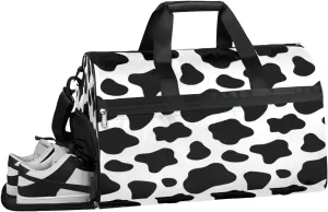 Animal Cow Print Sports Gym Bag for Women and Men Travel Duffel Bag Black White Overnight Shoulder Bag Waterproof Workout Bag Portable Sports Tote with Shoes Compartment