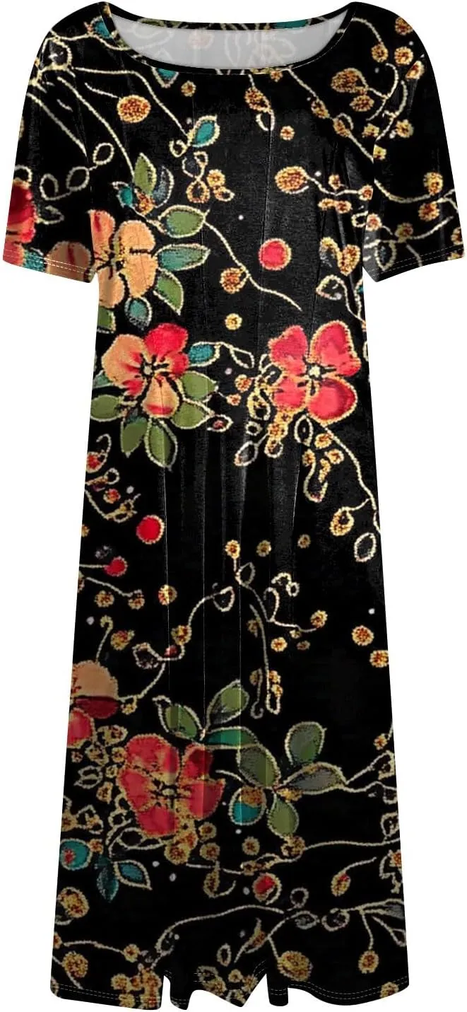 Azeralia Womens Summer Casual Crew Neck Midi Dress Flowy A-line Short Sleeve Floral Printed Dresses Elegant Formal Clothes