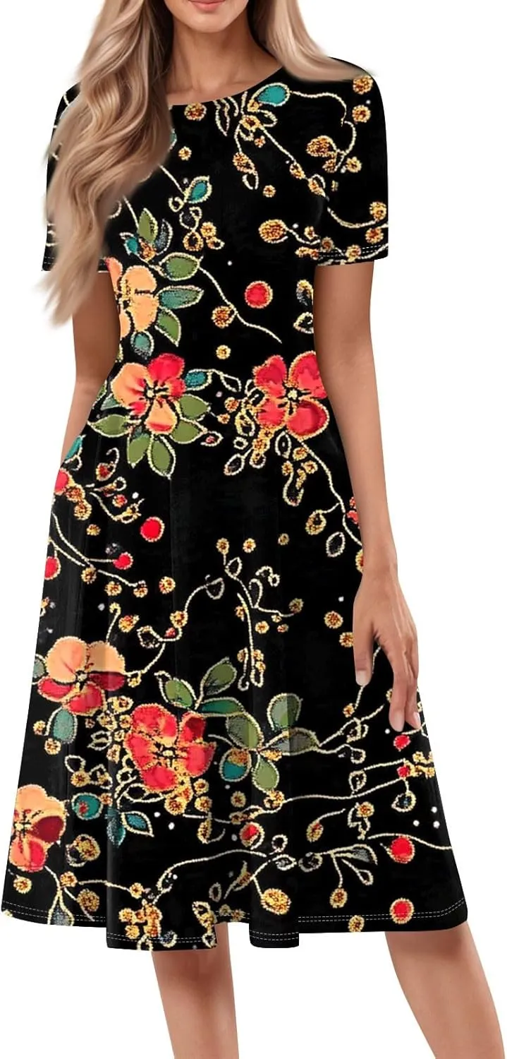 Azeralia Womens Summer Casual Crew Neck Midi Dress Flowy A-line Short Sleeve Floral Printed Dresses Elegant Formal Clothes