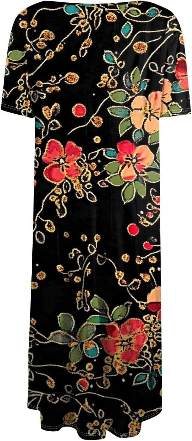 Azeralia Womens Summer Casual Crew Neck Midi Dress Flowy A-line Short Sleeve Floral Printed Dresses Elegant Formal Clothes