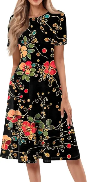 Azeralia Womens Summer Casual Crew Neck Midi Dress Flowy A-line Short Sleeve Floral Printed Dresses Elegant Formal Clothes