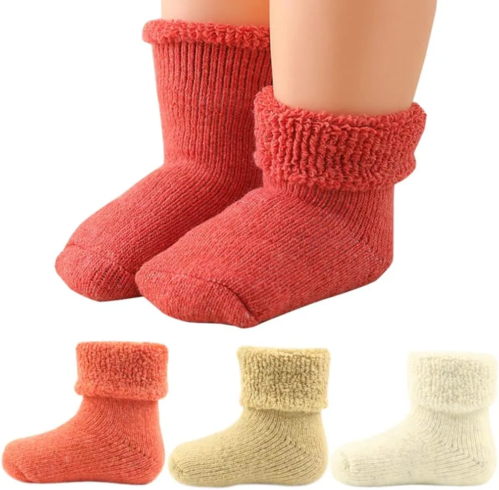 Baby Toddler Thick Wool Socks - Super Warm Soft Winter Solid Color Casual Crew Socks For Baby Girls Boys(Pack of 3)