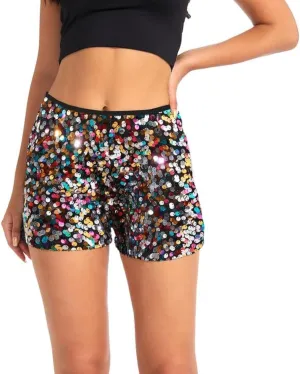 BAICAIYU Sequin Shorts for Women Sparkly High Waisted Black Shorts Lightweight Straight Leg Lady Casual Pants Fashion Party