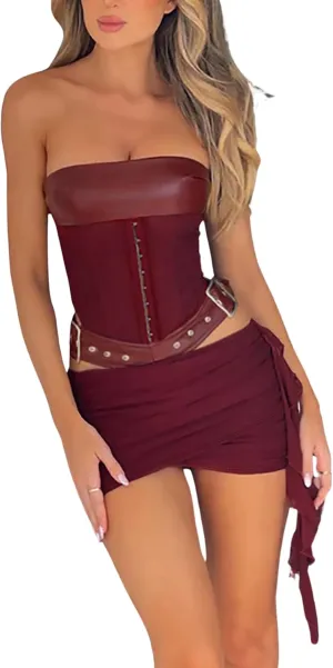 BAIMORE Womens PU Leather 2 Piece Outfit Lace-Up Back Crop Tube Top and Pleated Bodycon Mini Skirt Set