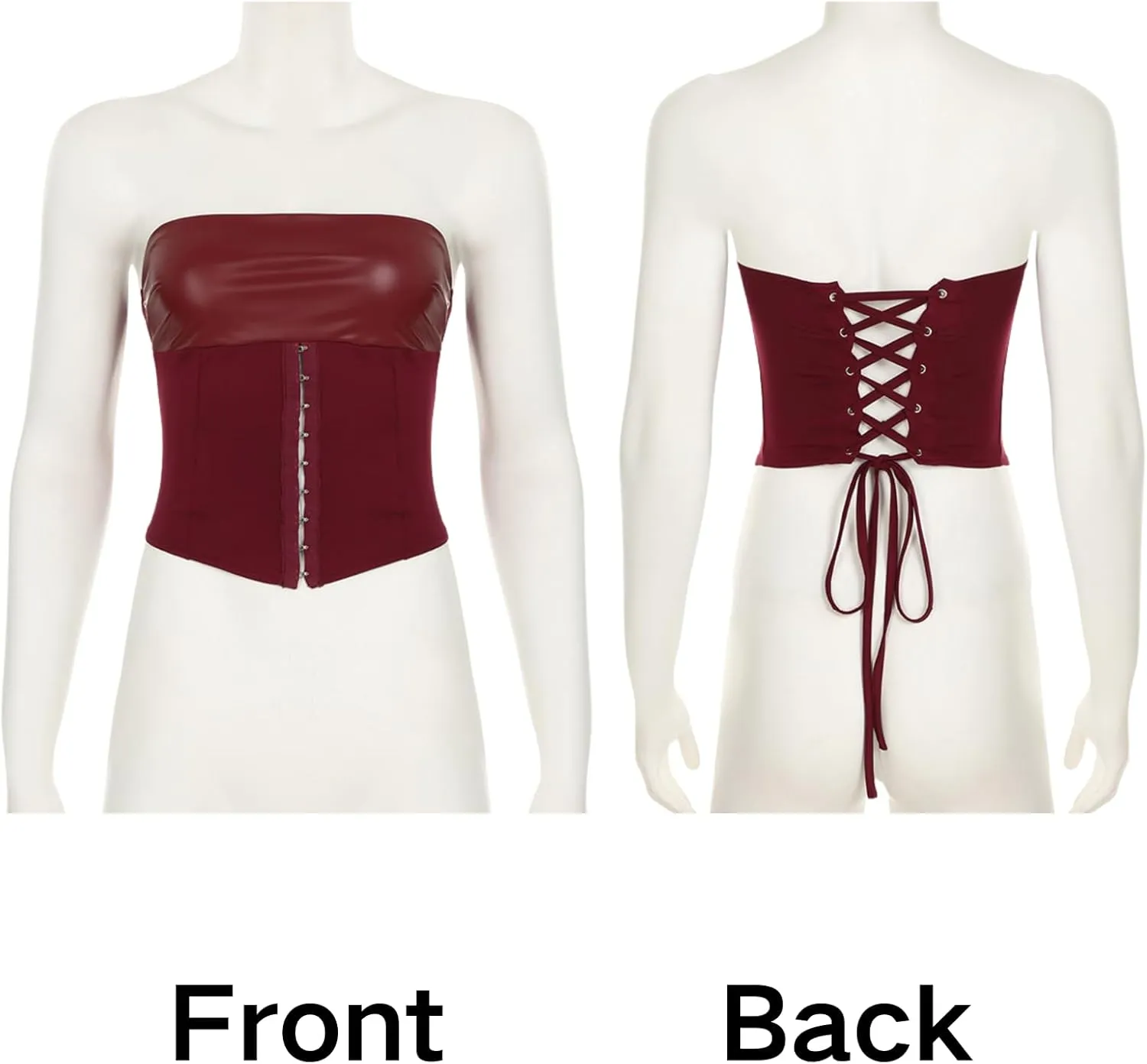 BAIMORE Womens PU Leather 2 Piece Outfit Lace-Up Back Crop Tube Top and Pleated Bodycon Mini Skirt Set