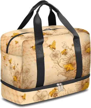 Bee Sunflower Sports Gym Bag with Shoes Compartment,Vintage Flower Floral Travel Duffel Bag for Men Women Boys Girls Teens Overnight Weekend Yoga Workout Bag Training Handbag