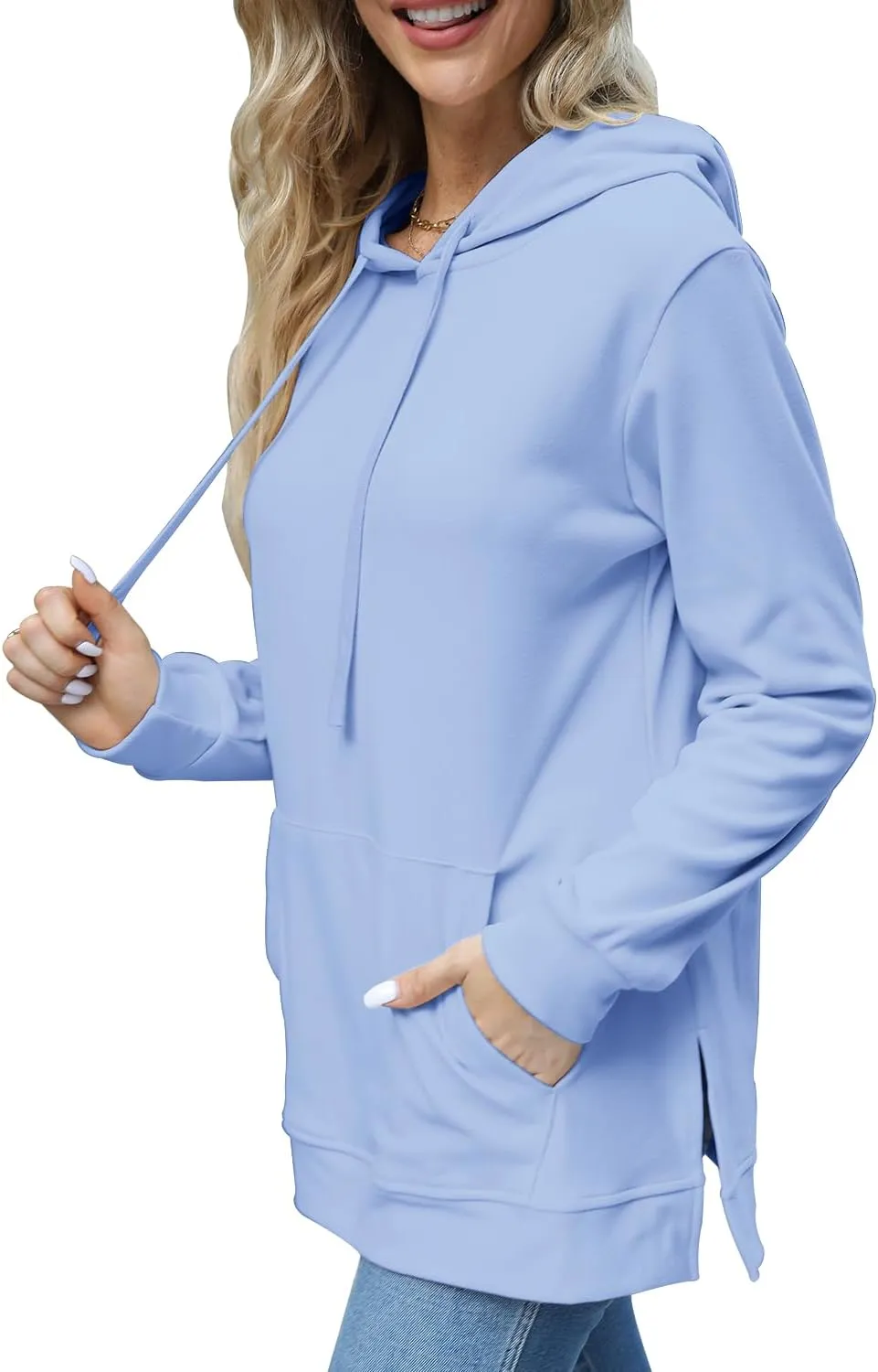 Beimuc Hoodies for Women Fashion Split Hem Drawstring Casual Long Sleeve Sweatshirts Tops with Pockets