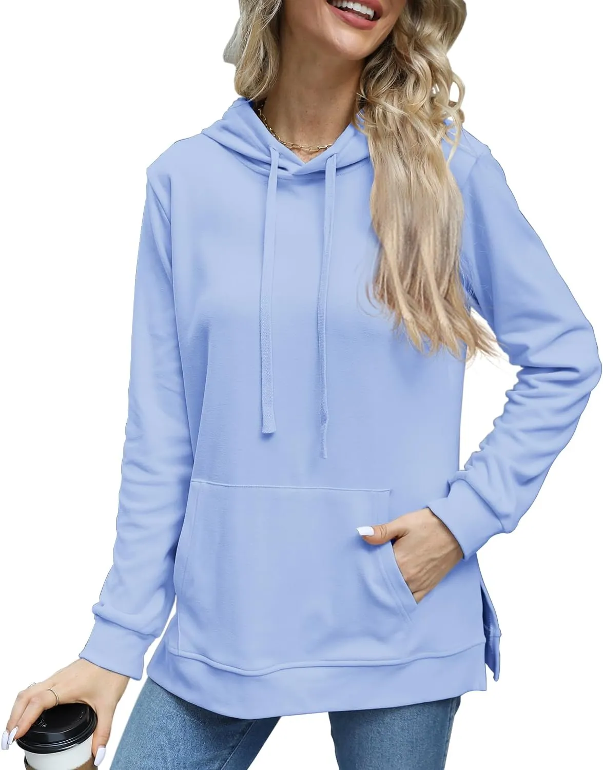 Beimuc Hoodies for Women Fashion Split Hem Drawstring Casual Long Sleeve Sweatshirts Tops with Pockets