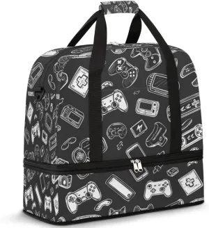 Black Gamepad Travel Duffel Bag for Women Men, Game Pattern Sports Gym Bag with Shoes Compartment Foldable Overnight Bag Weekender Tote Workout Carry On Luggage Bag