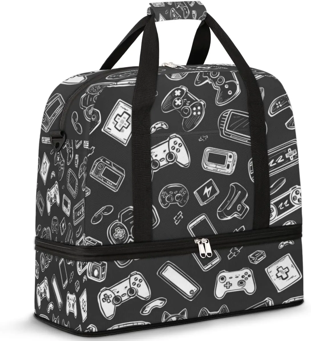 Black Gamepad Travel Duffel Bag for Women Men, Game Pattern Sports Gym Bag with Shoes Compartment Foldable Overnight Bag Weekender Tote Workout Carry On Luggage Bag