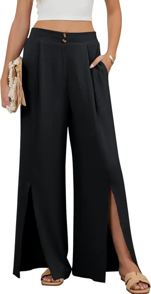 Blooming Jelly Women Palazzo Pants Wide Leg Center Split Casual Pants Flowy Elastic High Waisted Trousers Vacation Outfits