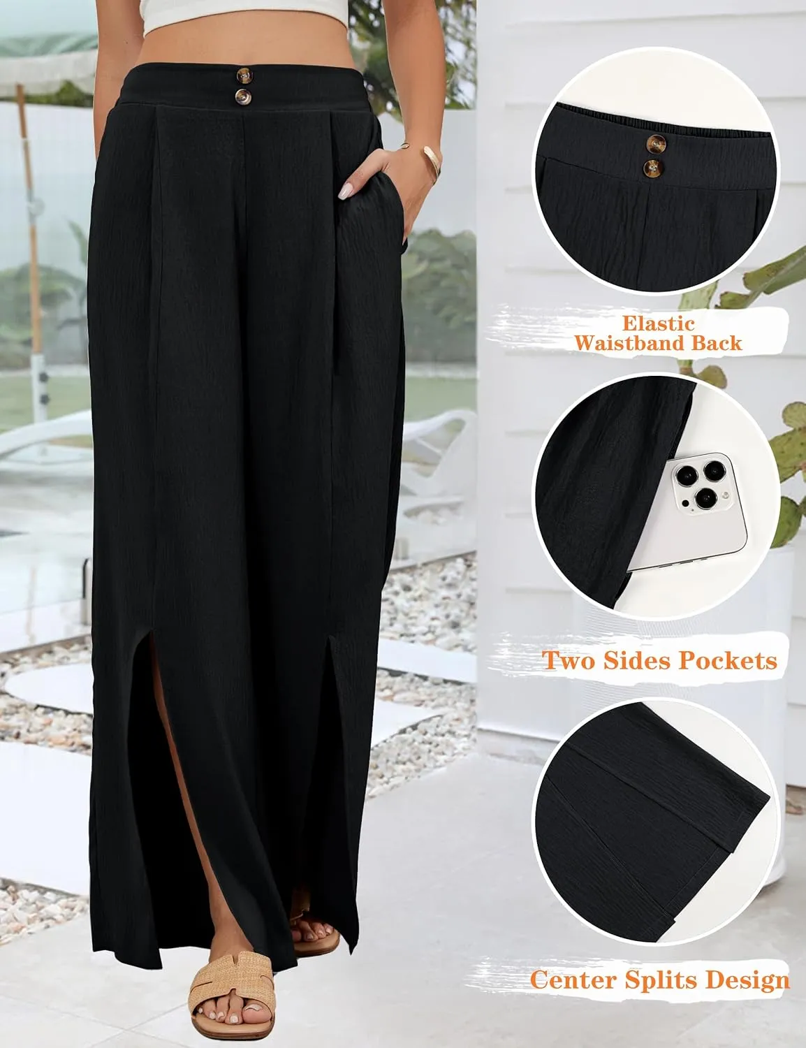 Blooming Jelly Women Palazzo Pants Wide Leg Center Split Casual Pants Flowy Elastic High Waisted Trousers Vacation Outfits