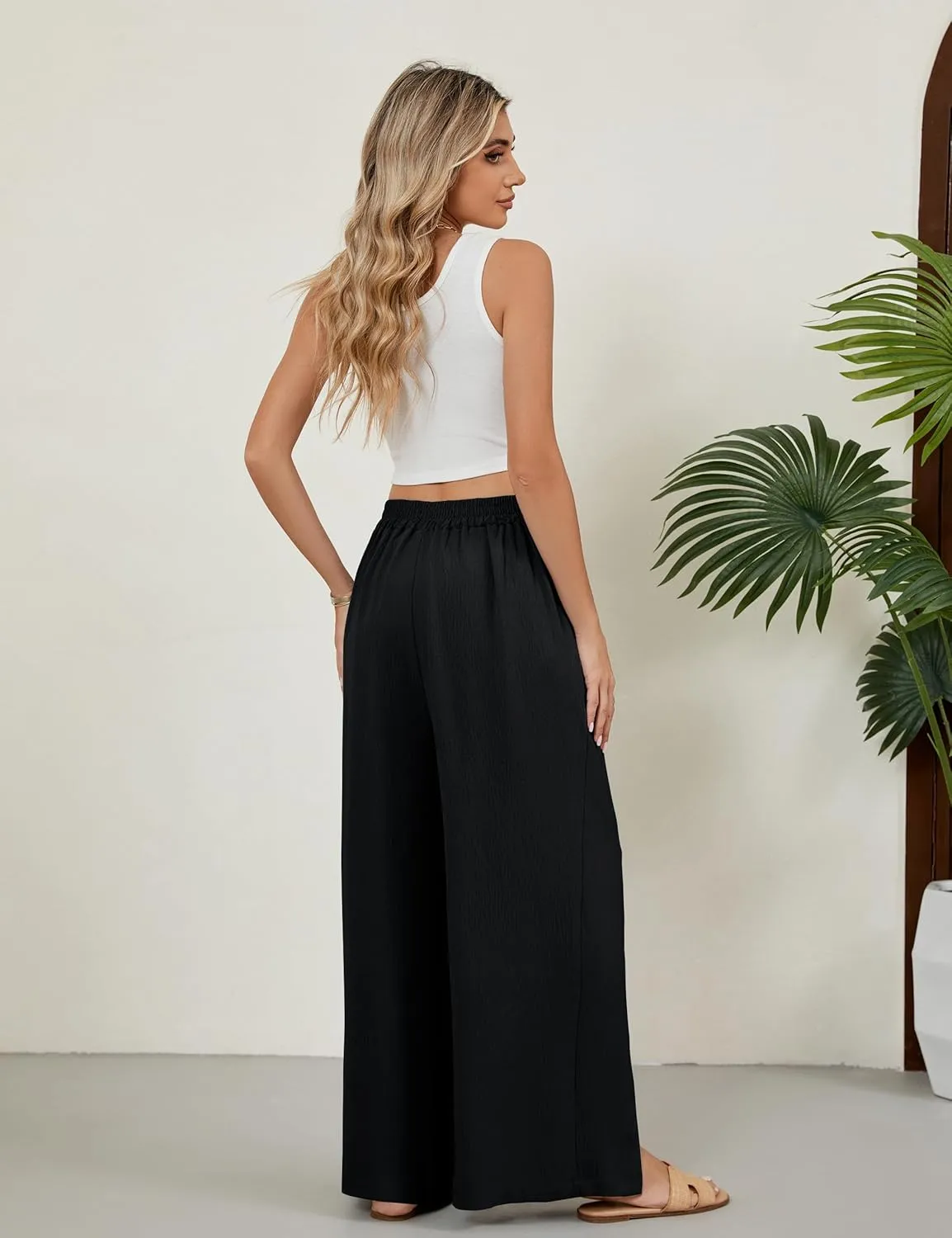Blooming Jelly Women Palazzo Pants Wide Leg Center Split Casual Pants Flowy Elastic High Waisted Trousers Vacation Outfits