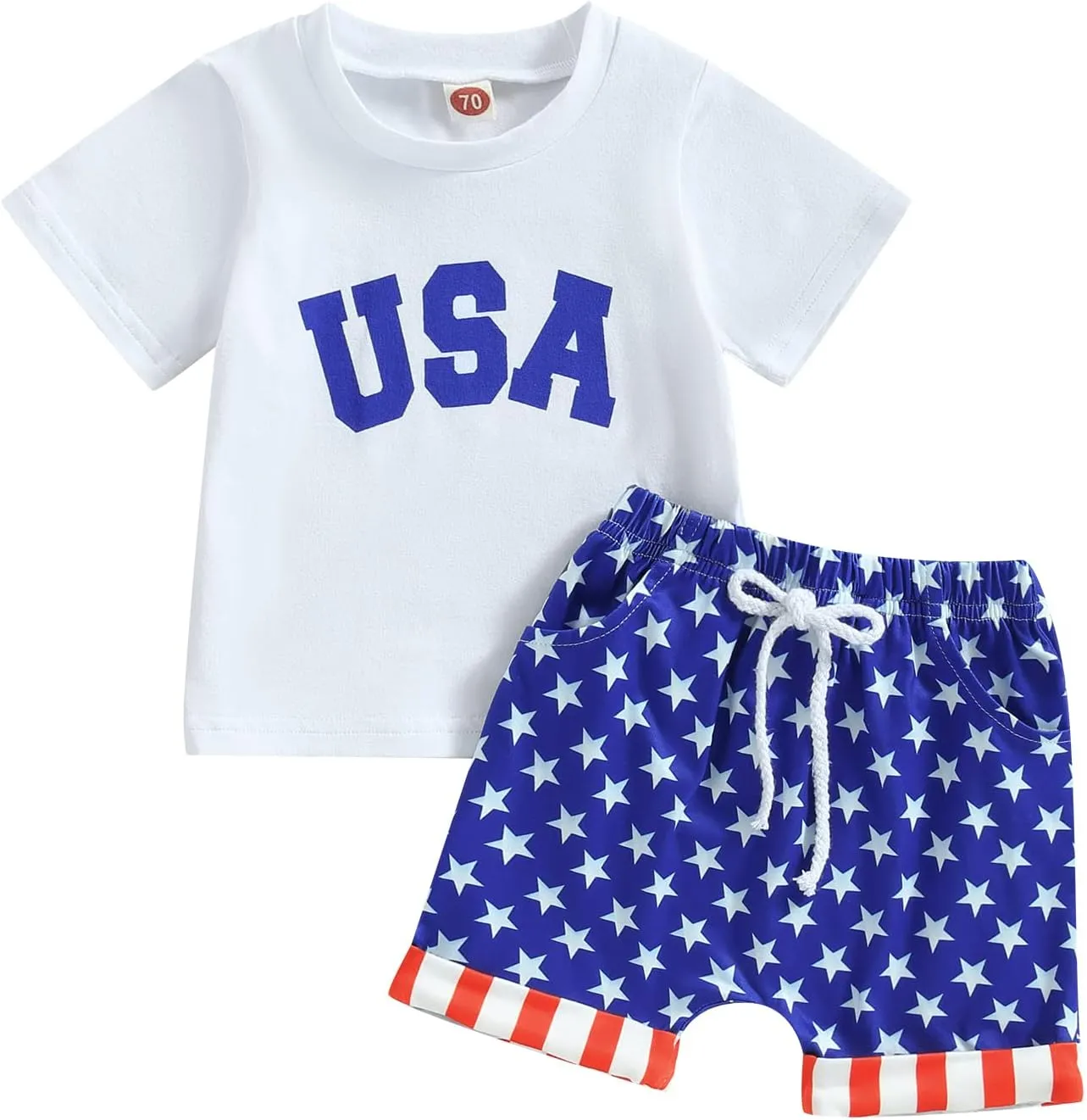 BOIBOKOKO 4th of July Baby Boy Outfit Letter Print Short Sleeve Shirt Top Star Jogger Shorts USA Patriotic Clotes