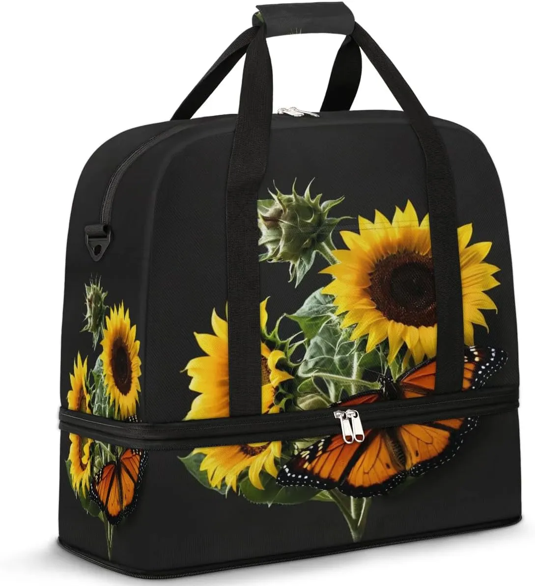 Butterfly Sunflower Travel Duffel Bag for Women Men, Sports Gym Bag with Shoes Compartment Sunflower Pattern Foldable Overnight Bag Weekender Tote Workout Carry On Luggage Bag