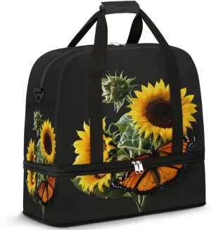 Butterfly Sunflower Travel Duffel Bag for Women Men, Sports Gym Bag with Shoes Compartment Sunflower Pattern Foldable Overnight Bag Weekender Tote Workout Carry On Luggage Bag