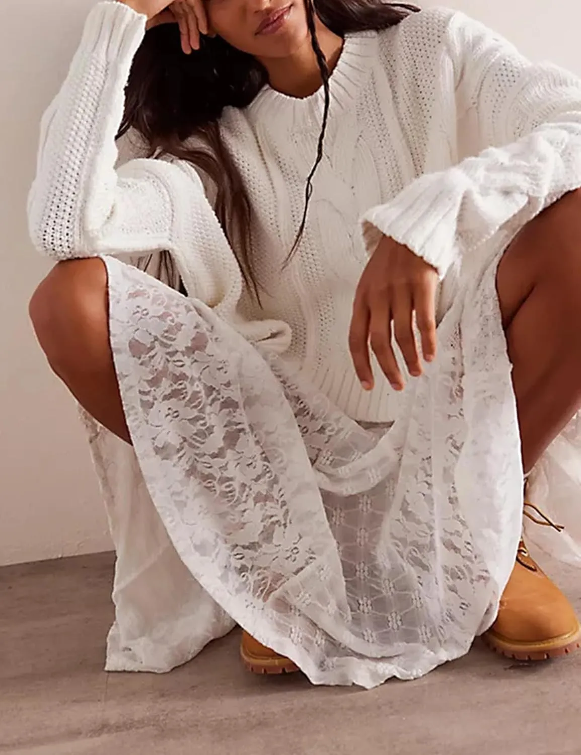 Cable Knit Cropped Sweater for Women Crew Neck Long Sleeve Chunky Pullover Loose Fall Winter Outfit