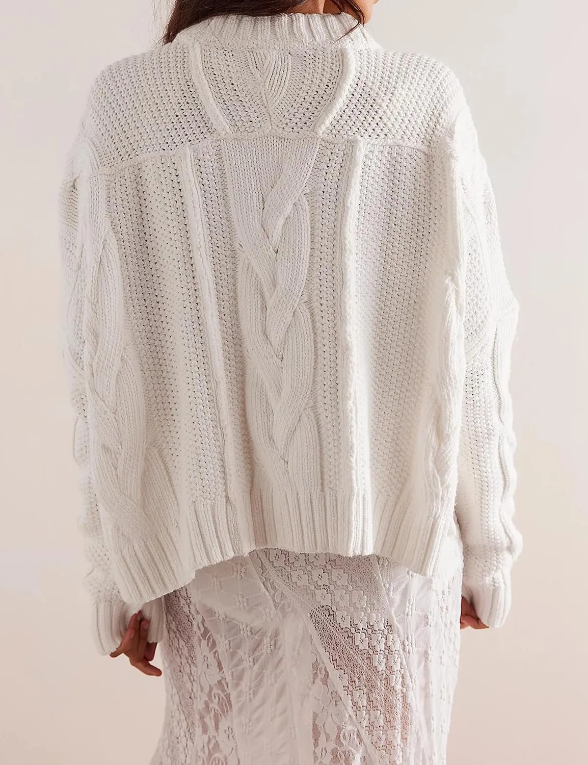 Cable Knit Cropped Sweater for Women Crew Neck Long Sleeve Chunky Pullover Loose Fall Winter Outfit