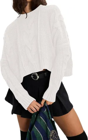 Cable Knit Cropped Sweater for Women Crew Neck Long Sleeve Chunky Pullover Loose Fall Winter Outfit