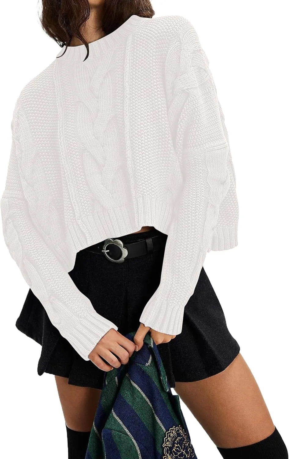 Cable Knit Cropped Sweater for Women Crew Neck Long Sleeve Chunky Pullover Loose Fall Winter Outfit