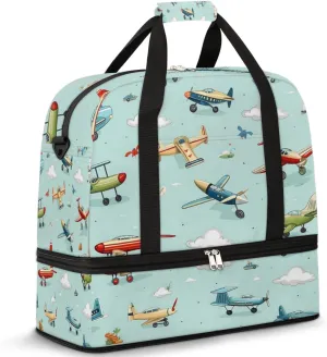 Cartoon Airplanes Transportation Pattern Travel Duffel Bag for Women Men, Sports Gym Bag with Shoes Compartment Foldable Overnight Bag Weekender Tote Workout Carry On Luggage Bag