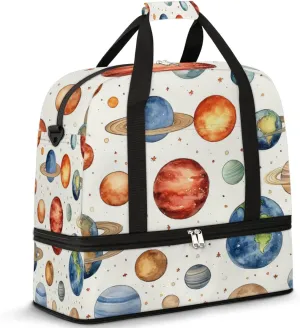Cartoon Space Planets Travel Duffel Bag for Women Men, Universe Planet Sports Gym Bag with Shoes Compartment Foldable Overnight Bag Weekender Tote Workout Carry On Luggage Bag