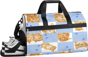 Cat Patchwork Plaid Sports Gym Bag for Women and Men Travel Duffel Bag Cute Overnight Shoulder Bag Waterproof Workout Bag Portable Sports Tote with Shoes Compartment
