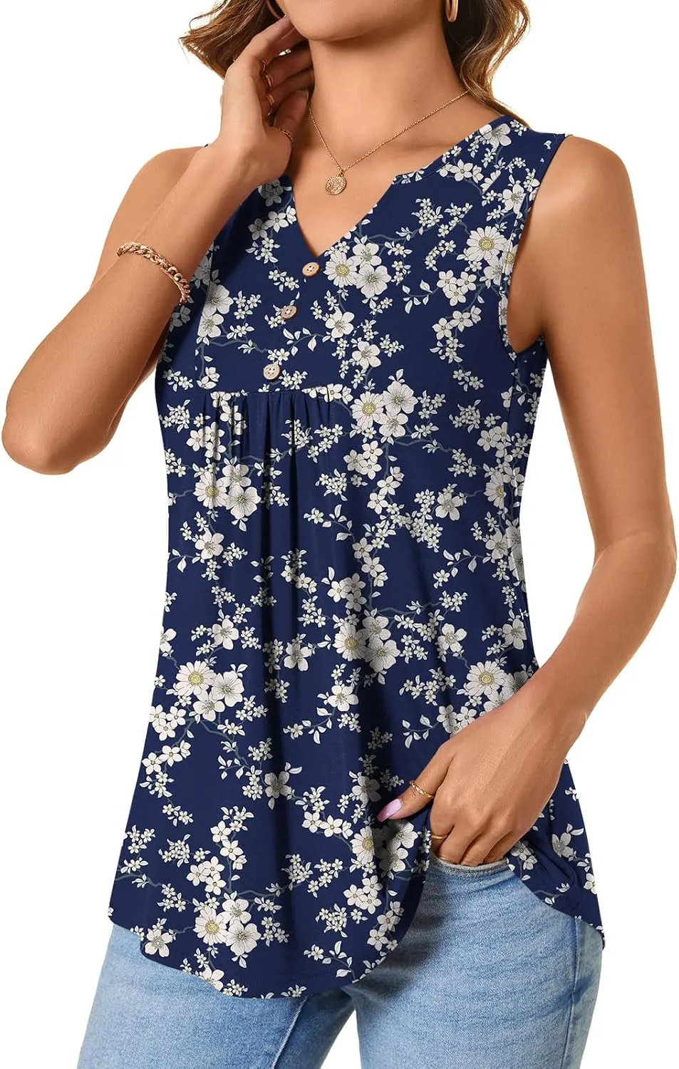 CATHY Womens Summer Sleeveless Tank Top V Neck Button Blouse Casual Pleated Basic Henley Shirts