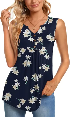 CATHY Womens Summer Sleeveless Tank Top V Neck Button Blouse Casual Pleated Basic Henley Shirts
