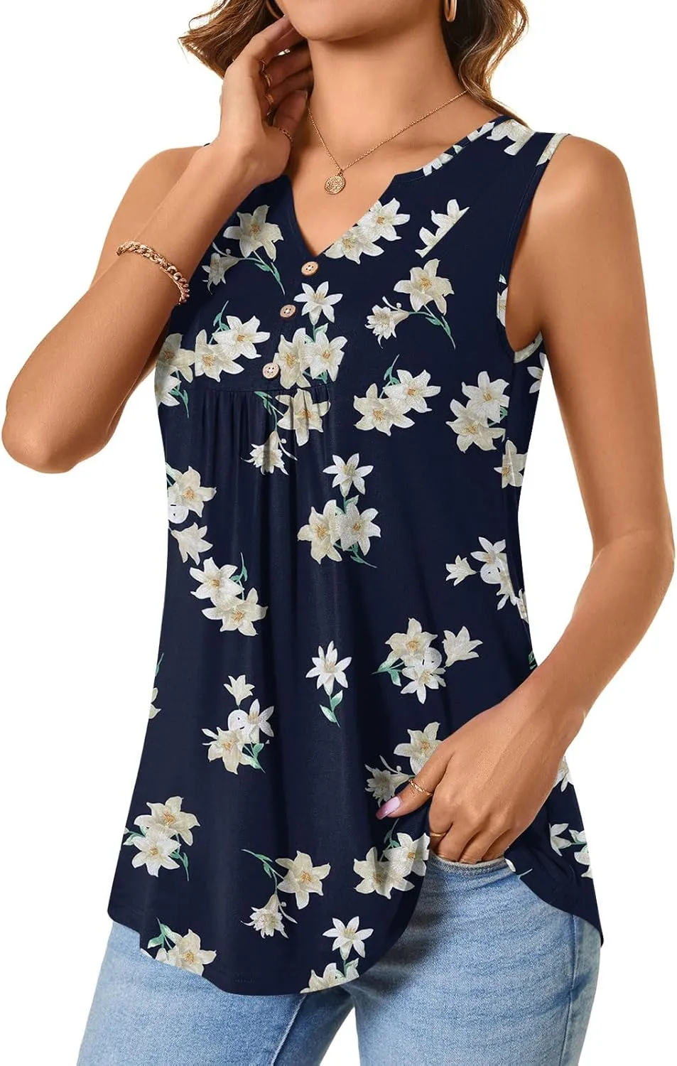 CATHY Womens Summer Sleeveless Tank Top V Neck Button Blouse Casual Pleated Basic Henley Shirts
