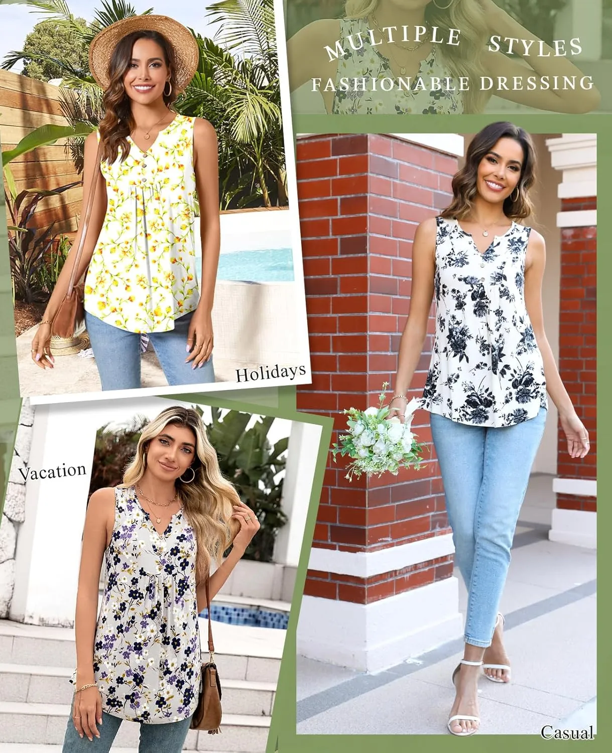 CATHY Womens Summer Sleeveless Tank Top V Neck Button Blouse Casual Pleated Basic Henley Shirts