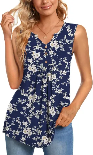 CATHY Womens Summer Sleeveless Tank Top V Neck Button Blouse Casual Pleated Basic Henley Shirts