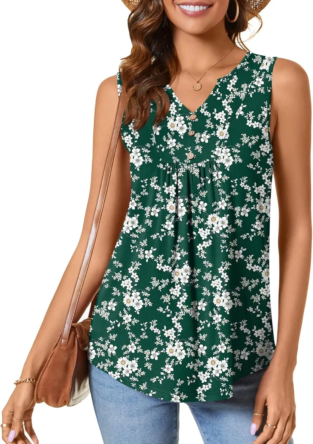 CATHY Womens Summer Sleeveless Tank Top V Neck Button Blouse Casual Pleated Basic Henley Shirts