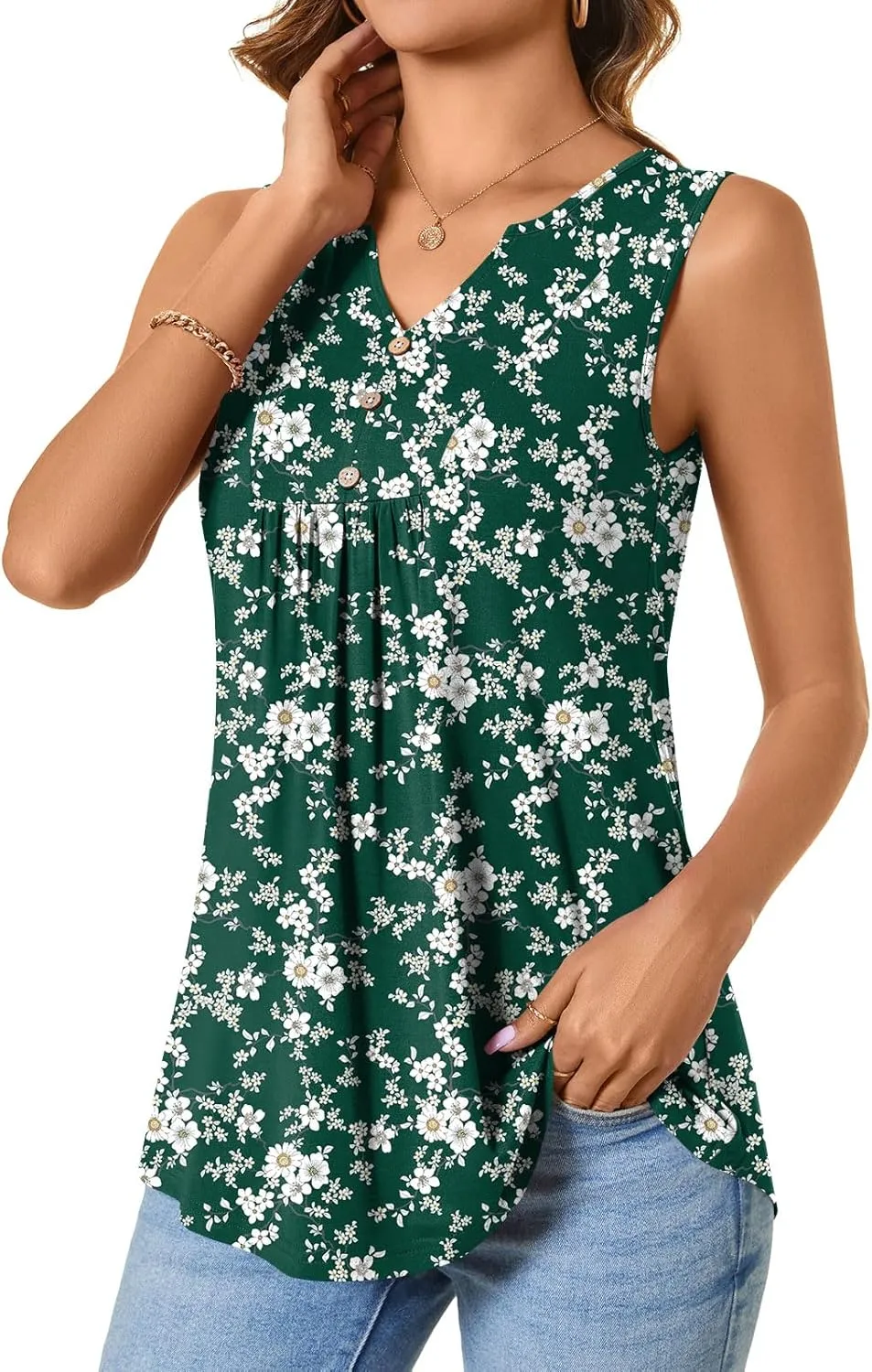 CATHY Womens Summer Sleeveless Tank Top V Neck Button Blouse Casual Pleated Basic Henley Shirts