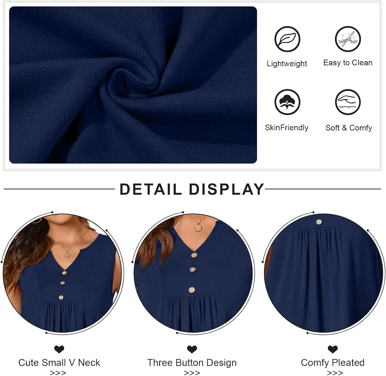 CATHY Womens Summer Sleeveless Tank Top V Neck Button Blouse Casual Pleated Basic Henley Shirts