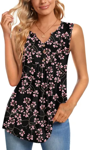 CATHY Womens Summer Sleeveless Tank Top V Neck Button Blouse Casual Pleated Basic Henley Shirts