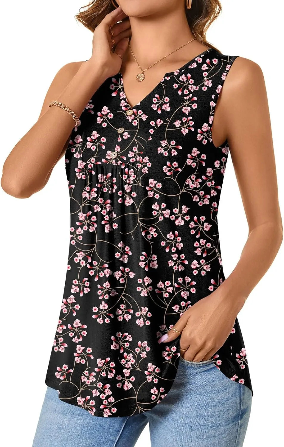 CATHY Womens Summer Sleeveless Tank Top V Neck Button Blouse Casual Pleated Basic Henley Shirts