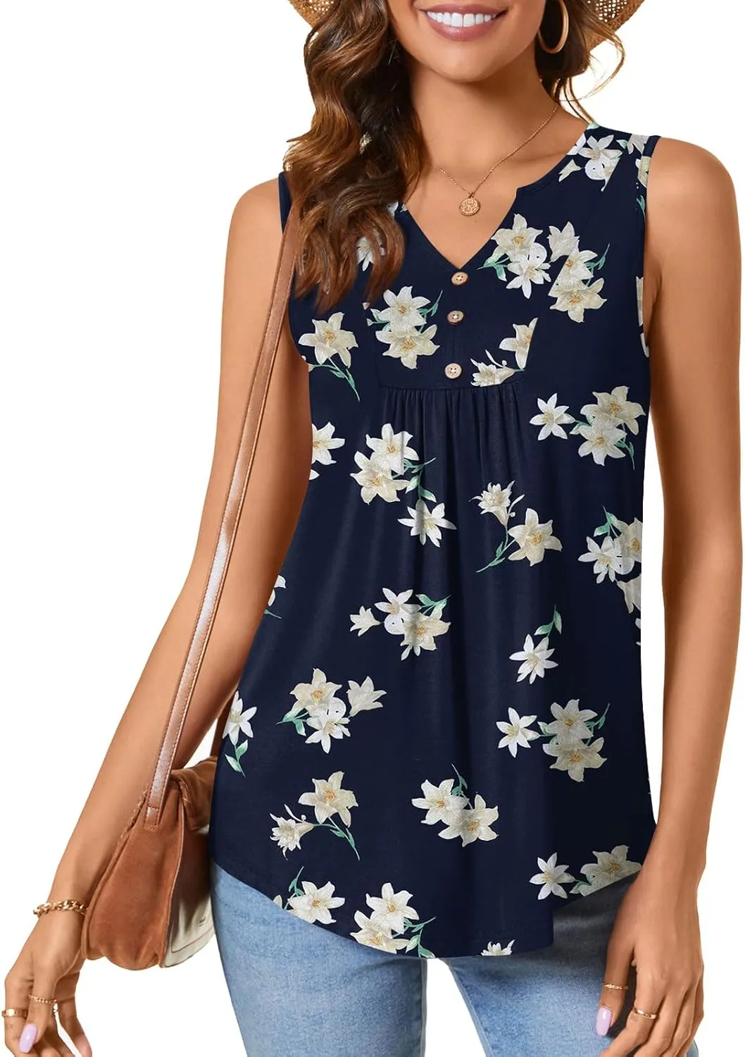CATHY Womens Summer Sleeveless Tank Top V Neck Button Blouse Casual Pleated Basic Henley Shirts