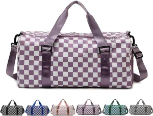 Checkered Gym Bag with Shoes Compartment & Wet Pocket, Sports Duffel Bags for Women/Men, Travel Overnight Bag Weekend Bag, Dance Bag for Girls, purple, Sports Bags