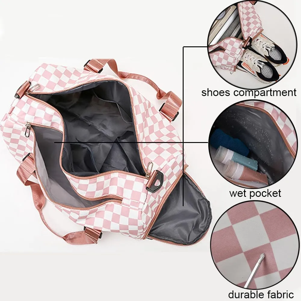 Checkered Gym Bag with Shoes Compartment & Wet Pocket, Sports Duffel Bags for Women/Men, Travel Overnight Bag Weekend Bag, Dance Bag for Girls, purple, Sports Bags